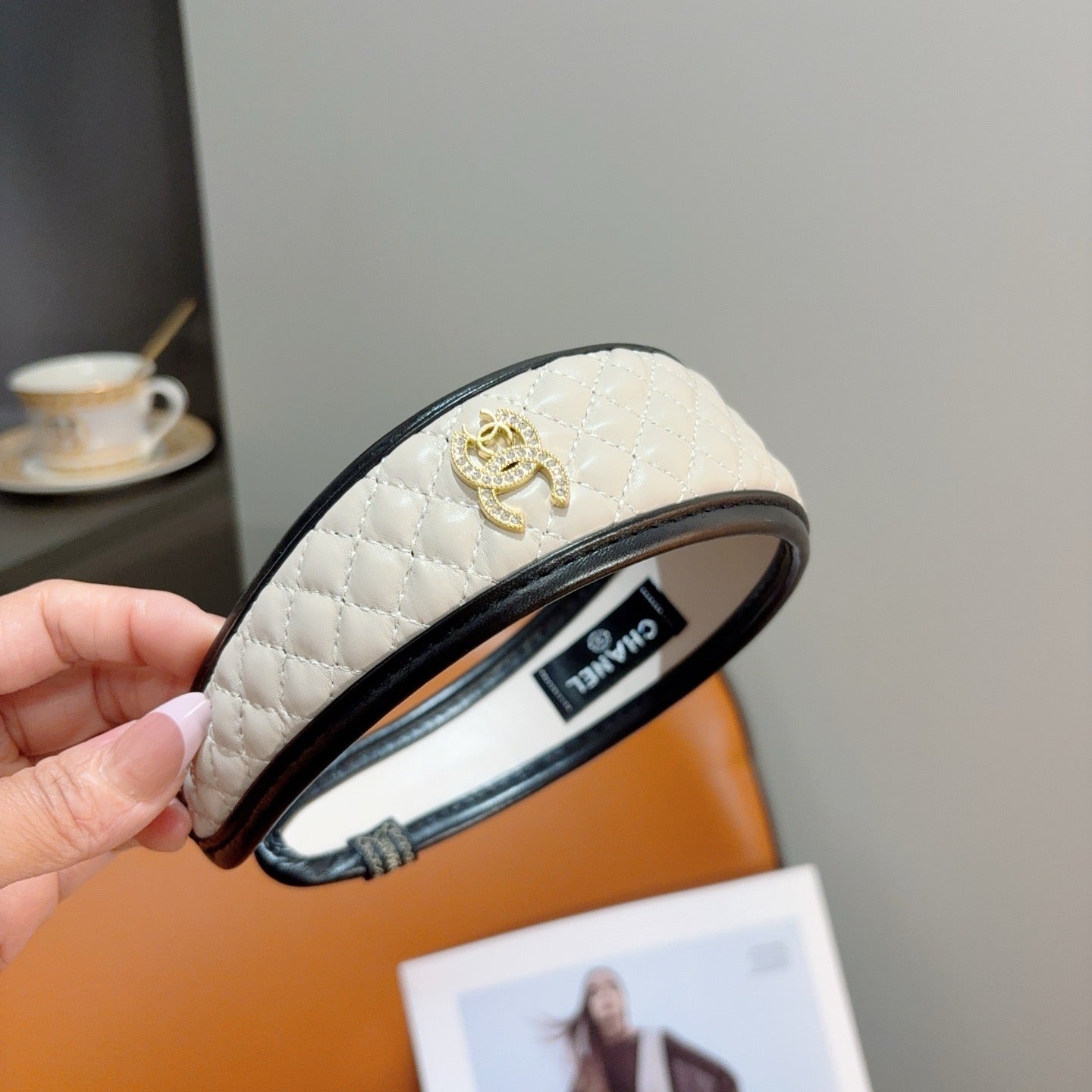 Chanel Headband with Logo White in Leather 204858