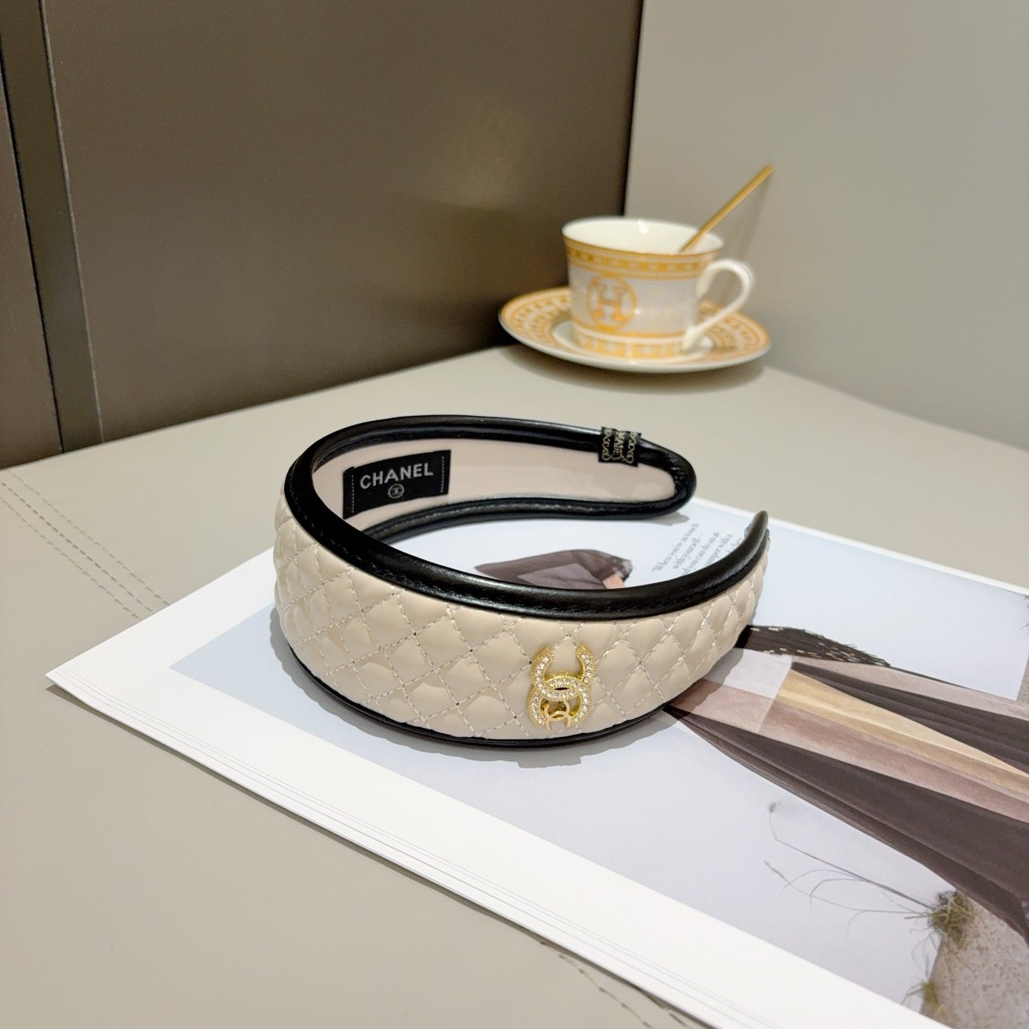 Chanel Headband with Logo White in Leather 204858